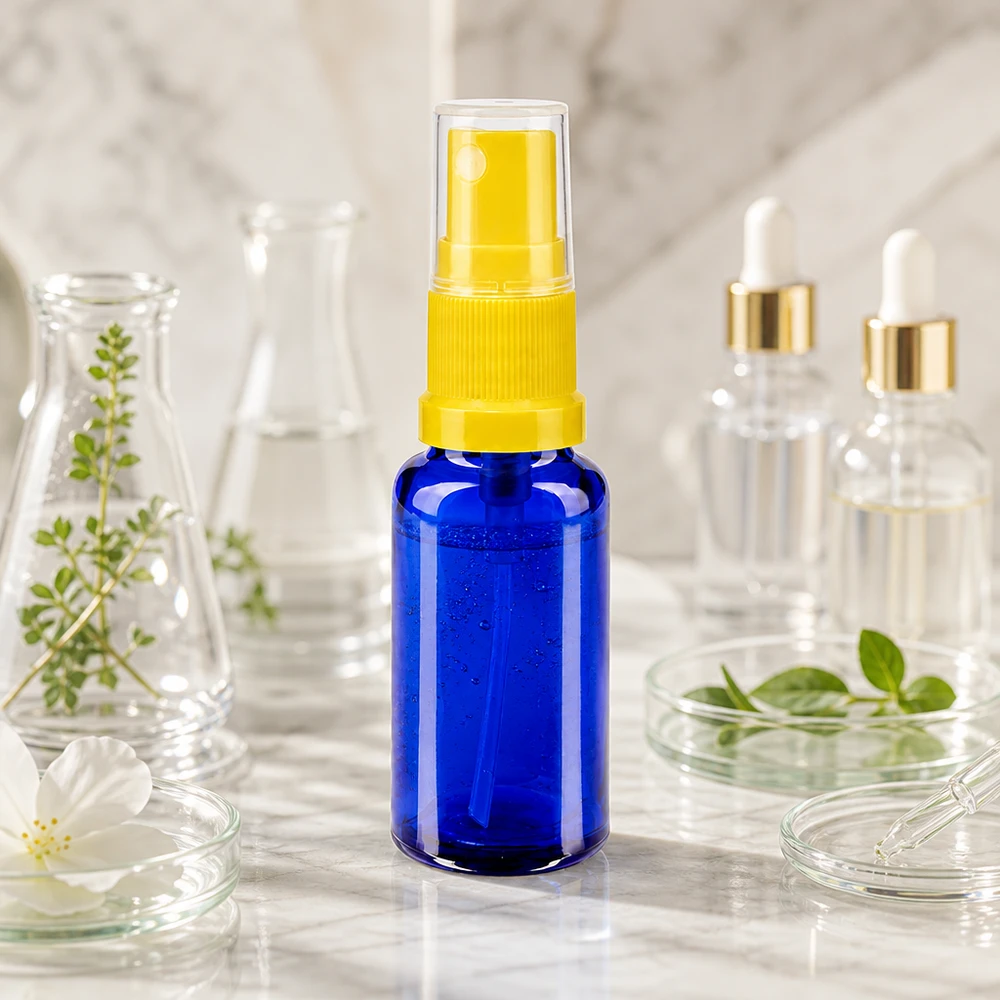 Apothekenglas 20ml in Blau mit gelbem Sprühkopf ideal für Aromatherapie und Hautpflege