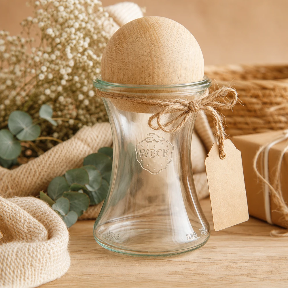 370ml sklenice na lahůdky WECK RR80 s dřevěnou kuličkou buk WECK Delikatessengl 370ml RR80 Holzkugel Buche Geschenkverpackung Juteschnur Etikett natürliche Küchenausstattung