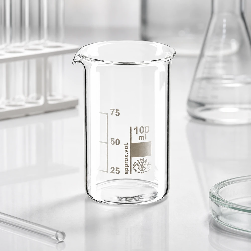 Kádinka z borosilikátového skla o objemu 100 ml, vysoký tvar 100ml Messbecherglas hohe Form aus hitzebeständigem Borosilikatglas mit Skala 25 50 75ml
