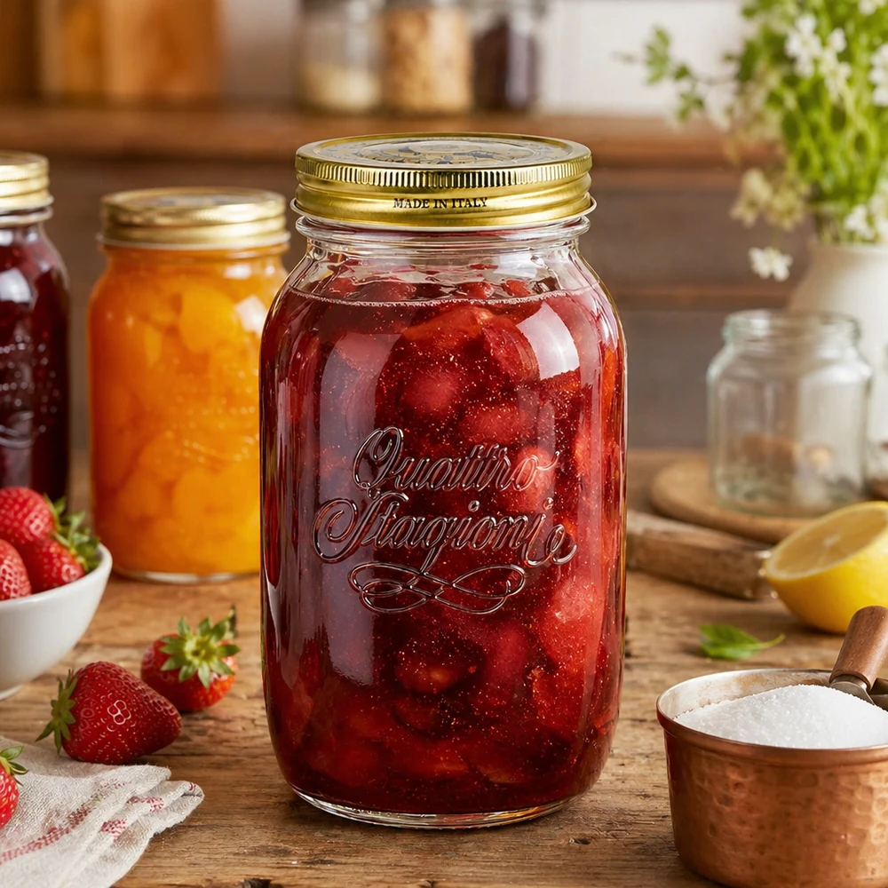 1500ml kulatá sklenice "Quattro Stagioni" s víčkem Quattro Stagioni 1500ml Einmachglas mit Erdbeermarmelade gefüllt Küchenszene italienisches Konservenglas strawberry jam