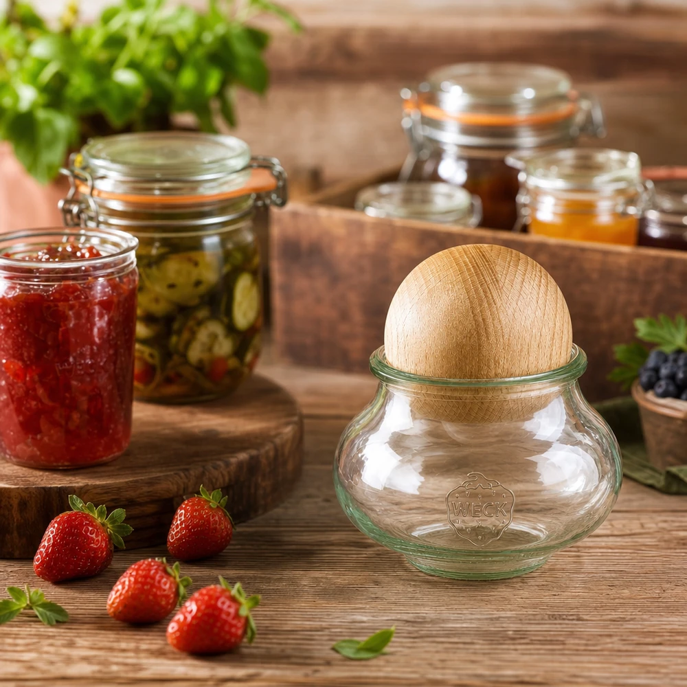 Dóza na šperky WECK RR80 o objemu 560 ml s kuličkou z bukového dřeva WECK Vorratsglas 560ml RR80 Holzkugel Buche Küchendeko mit Einmachgläsern Marmelade Erdbeeren Holzbrett