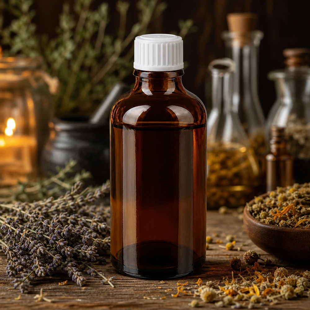 Kompakte 50ml Apothekerflasche Braunglas mit Schraubverschluss in naturheilkundlicher Umgebung