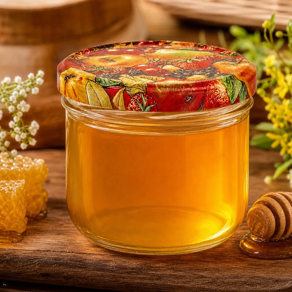 260ml kelímky + víčko BasicSeal s ovocným dekorem UNiTWIST. Honig im 260ml Sturzglas mit BasicSeal Obst-Deckel, dekorative Präsentation mit Bienenwaben und Honigstab