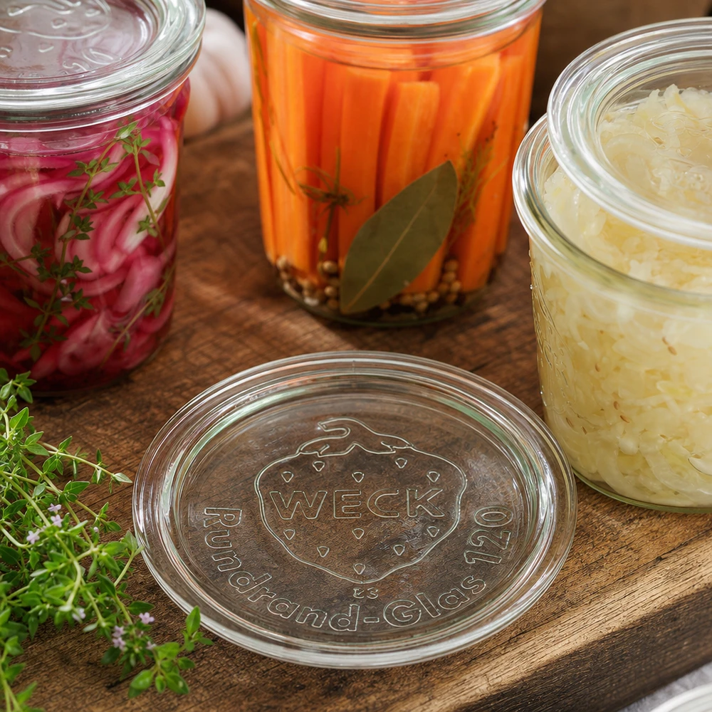 WECK Glasdeckel RR120 auf Holzbrett mit bunten eingekochten Gläsern Karotten Zwiebeln Sauerkraut und Kräutern