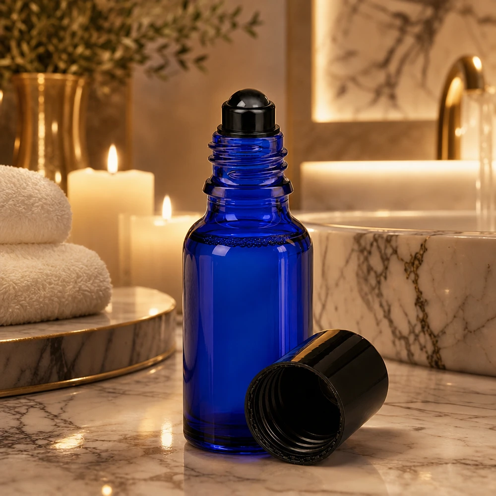Lékárenská lahvička modrá 20ml roll-on uzávěr černý Roll-On Flasche 20ml Blauglas mit schwarzer Kugel in elegantem Spa-Setting