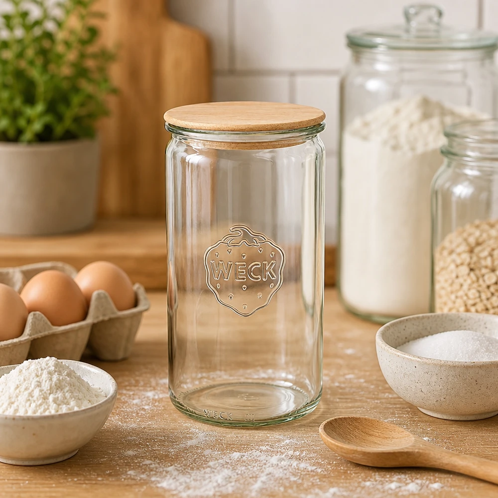 1590ml válcová sklenice WECK RR100 s dřevěným víkem buk. WECK Glas 1590ml RR100 leer in Backküche mit Mehl Eiern und Backzutaten für Brotbacken und Teigzubereitung