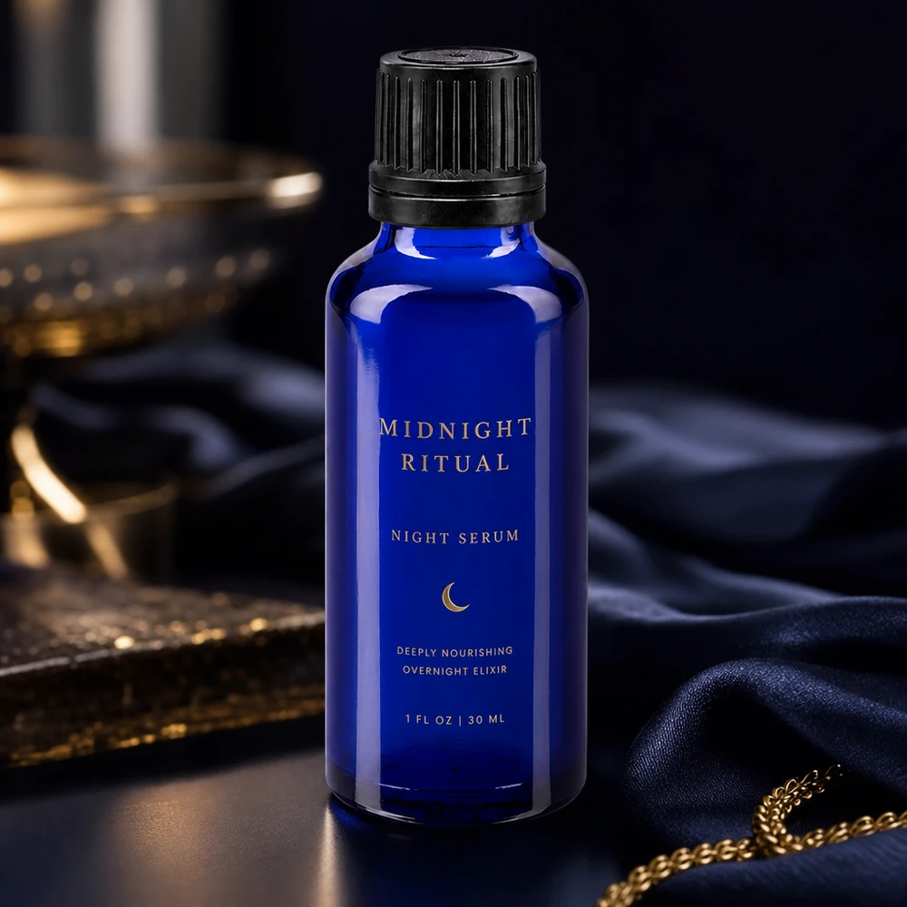 Lékárenská láhev modrá 30ml šroubovací uzávěr černý nalévací kroužek nedovolená manipulace s uzávěrem Blaue 30ml GR OV Flasche mit goldenem Labeldesign vor dunklem Luxus-Hintergrund