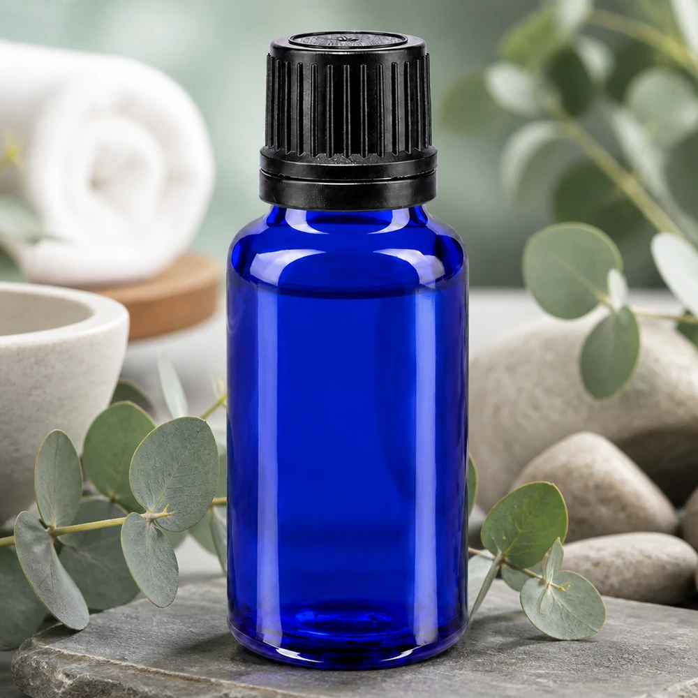 Lékárenská láhev modrá 20ml šroubovací uzávěr černý nalévací kroužek uzávěr zabezpečený proti manipulaci. Dunkelblaue Lichtschutzflasche 20ml für empfindliche Öle und Essenzen mit manipulationssicherem Cap