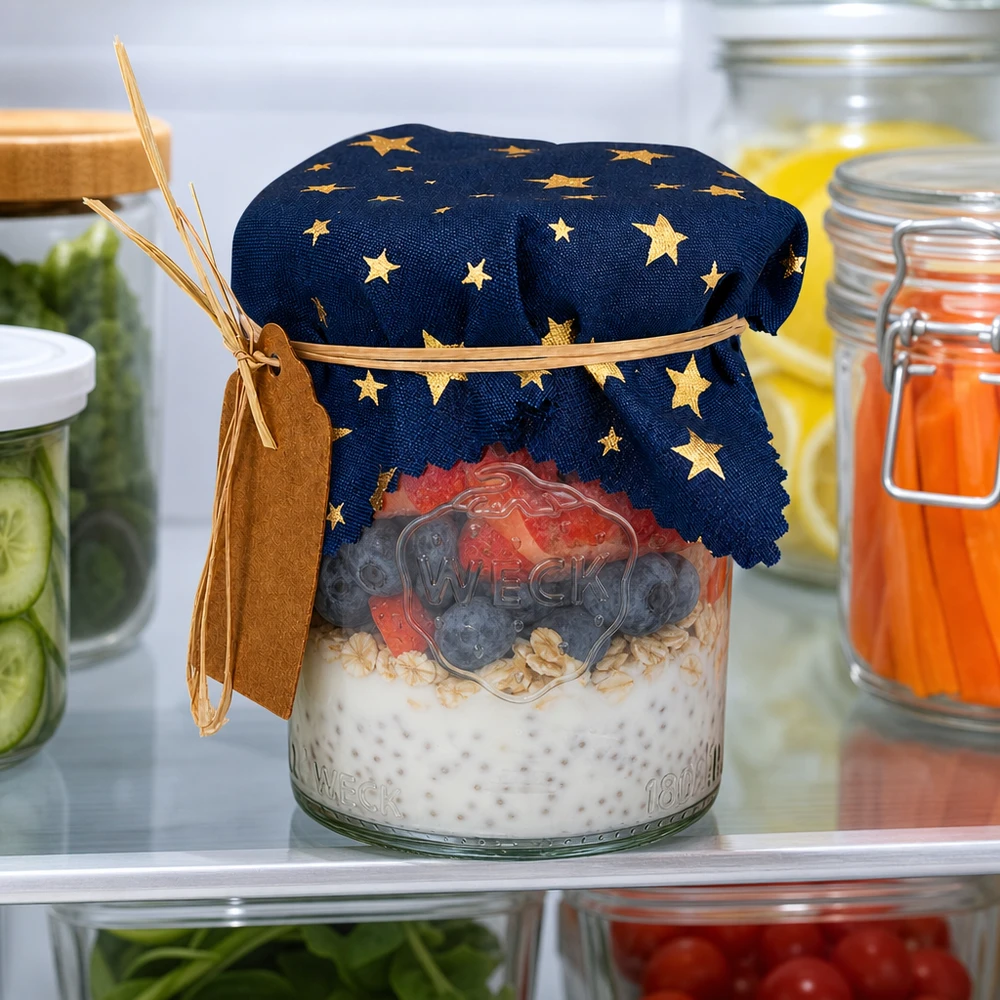 Látkový ubrousek na šperky modrý "hvězdy" 12cm čtvercový Kühlschrank-Aufbewahrung mit blauem Sternen-Stoffdeckchen auf Overnight-Oats zwischen frischen Gurken und Säften