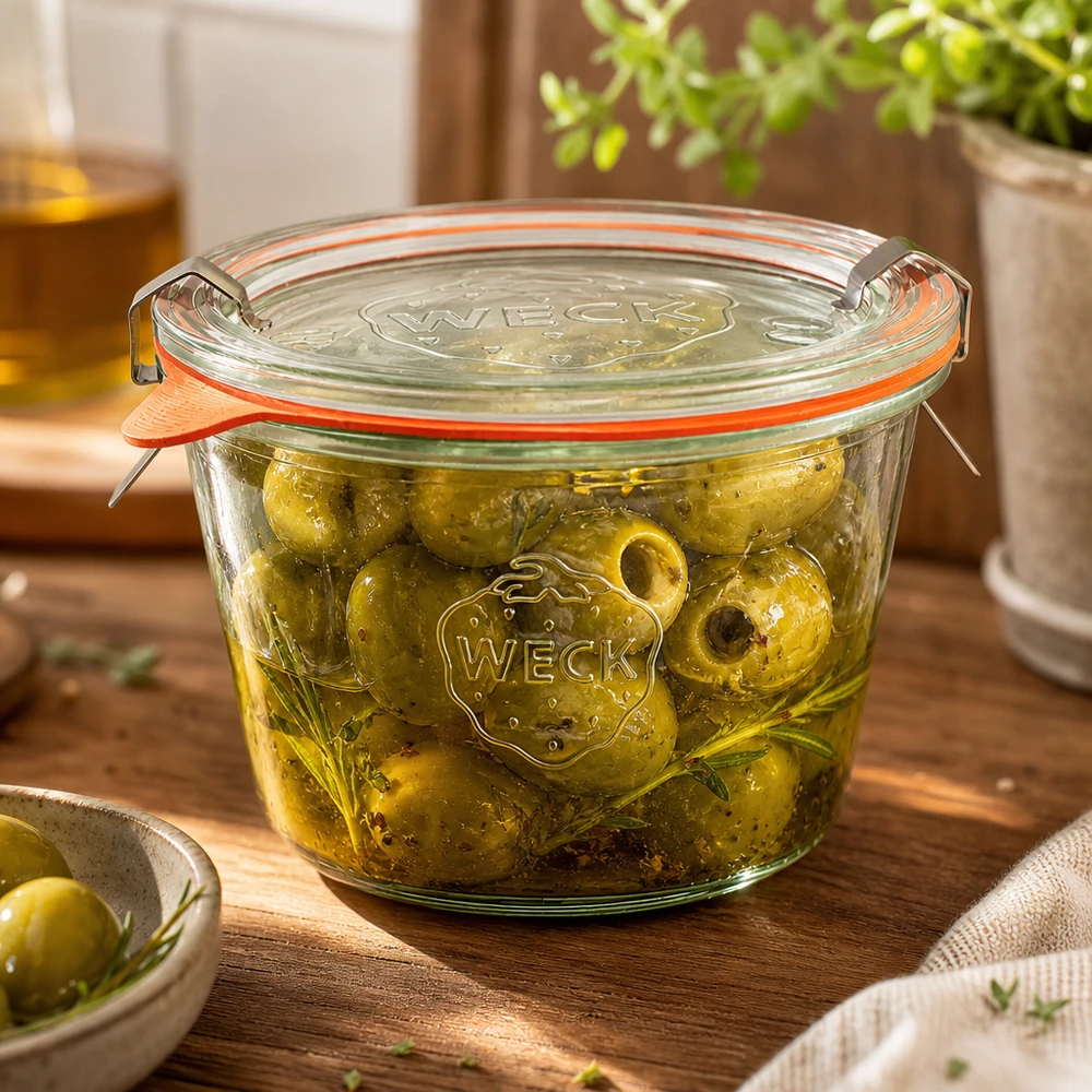 WECK Sturzglas 370ml RR100 gefüllt mit eingelegten Oliven in Öl zeigt perfekte Konservierung von Antipasti