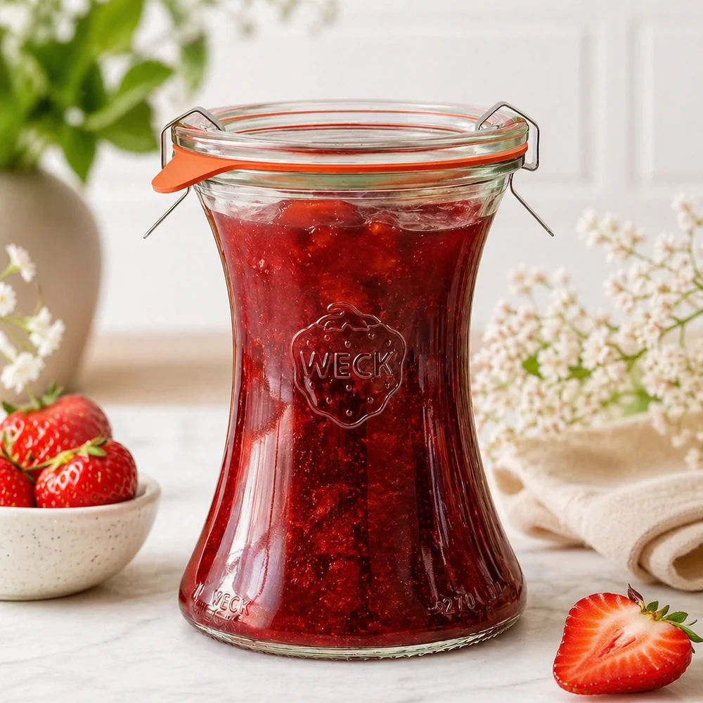 WECK Delikatessenglas 370ml RR80 gefüllt mit hausgemachter Erdbeermarmelade Weckglas mit Bügelverschluss Lifestyle