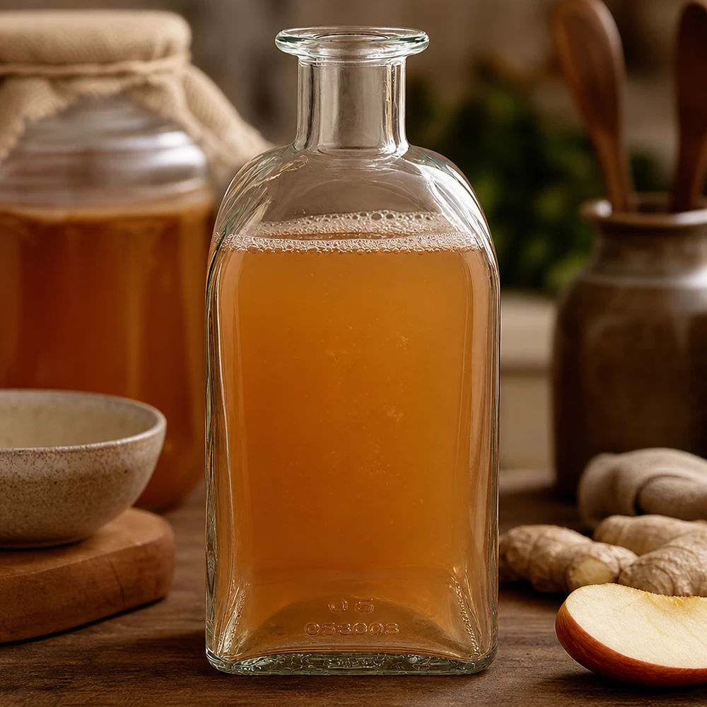 500ml Glasflasche "Julia" ohne Verschluss UNiTWIST 500ml Glasflasche Julia mit bernsteinfarbener Flüssigkeit zwischen Ingwer und Apfelscheiben auf rustikalem Holztisch