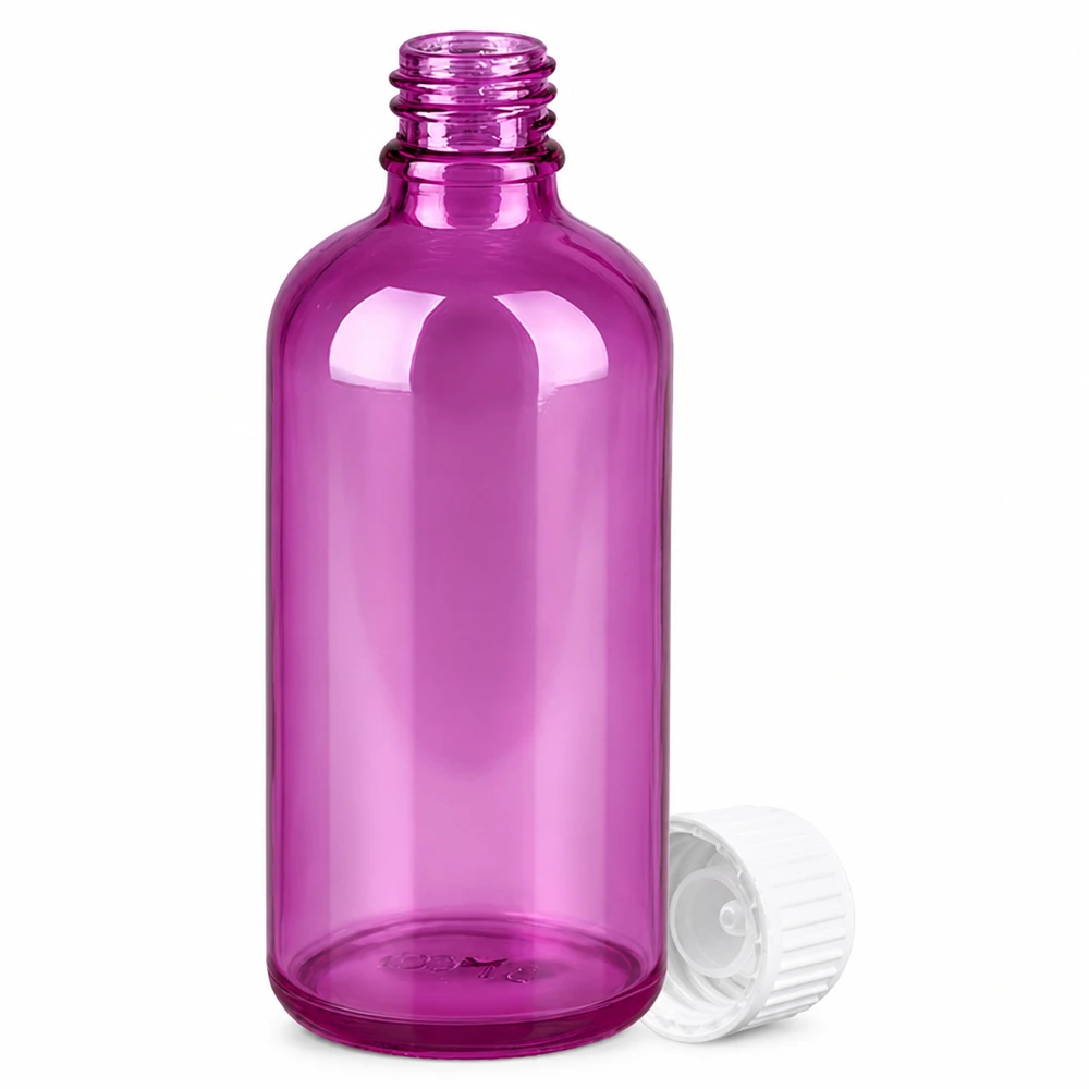100ml (globulová) lahvička s 3mm nalévacím kroužkem bílá Standard PurpleLine. UT18/100 Kleine violette Glasflasche 100ml mit ergonomischer Form und sicherem Schraubverschluss