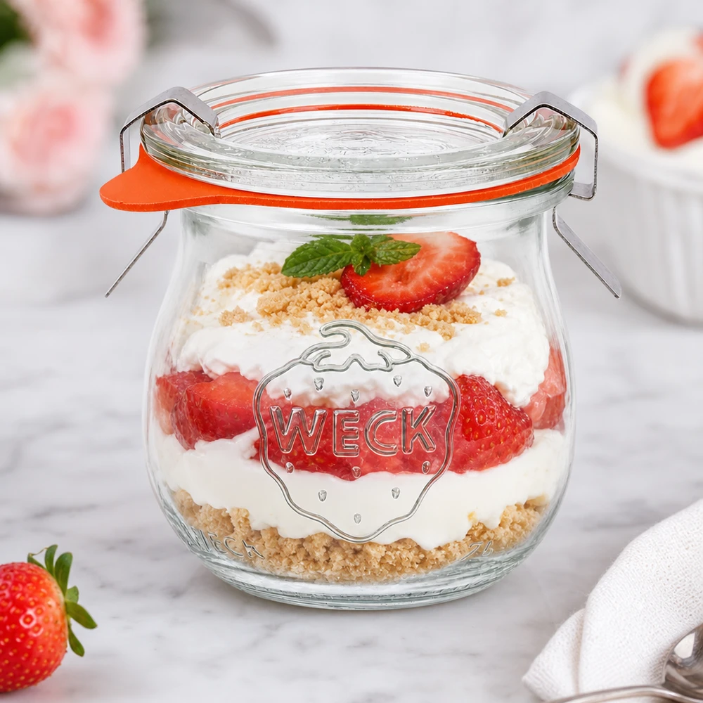 WECK Tulpenglas 75ml als Dessertglas mit Erdbeer-Sahne-Schichtdessert und Kekskrümeln stylisch präsentiert