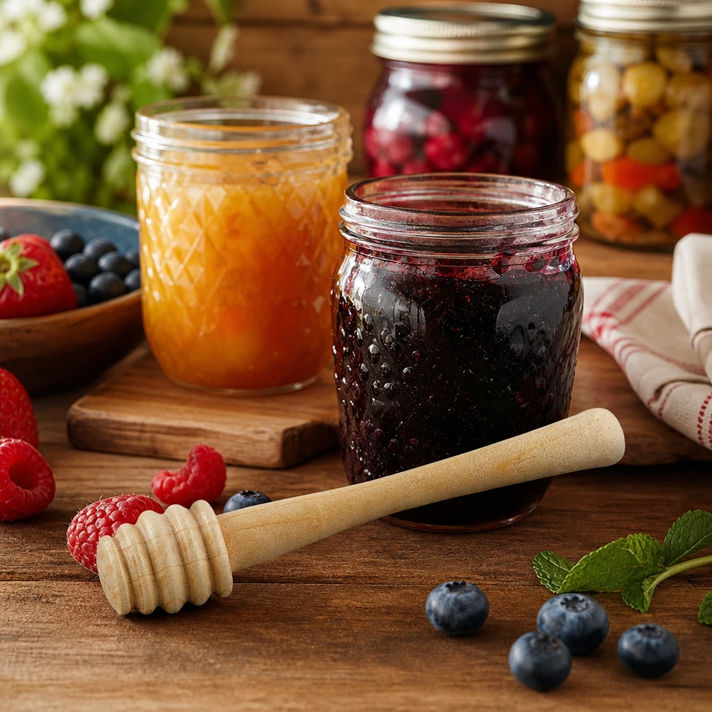 Honiglöffel aus Ahornholz in rustikaler Küchenszenerie mit Marmeladengläsern und frischen Beeren auf Holztisch