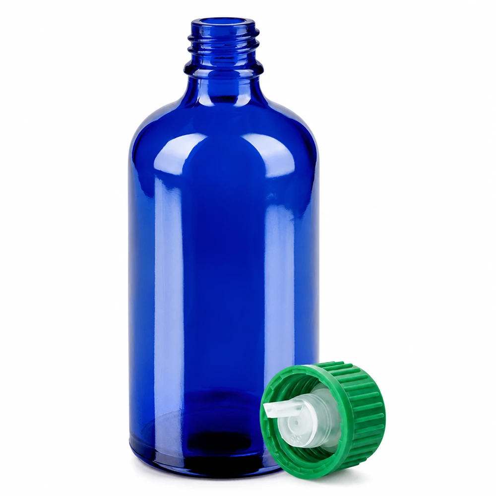 Kompakte 100ml Dosierflasche aus hochwertigem blauem Glas mit professionellem Tropfmechanismus