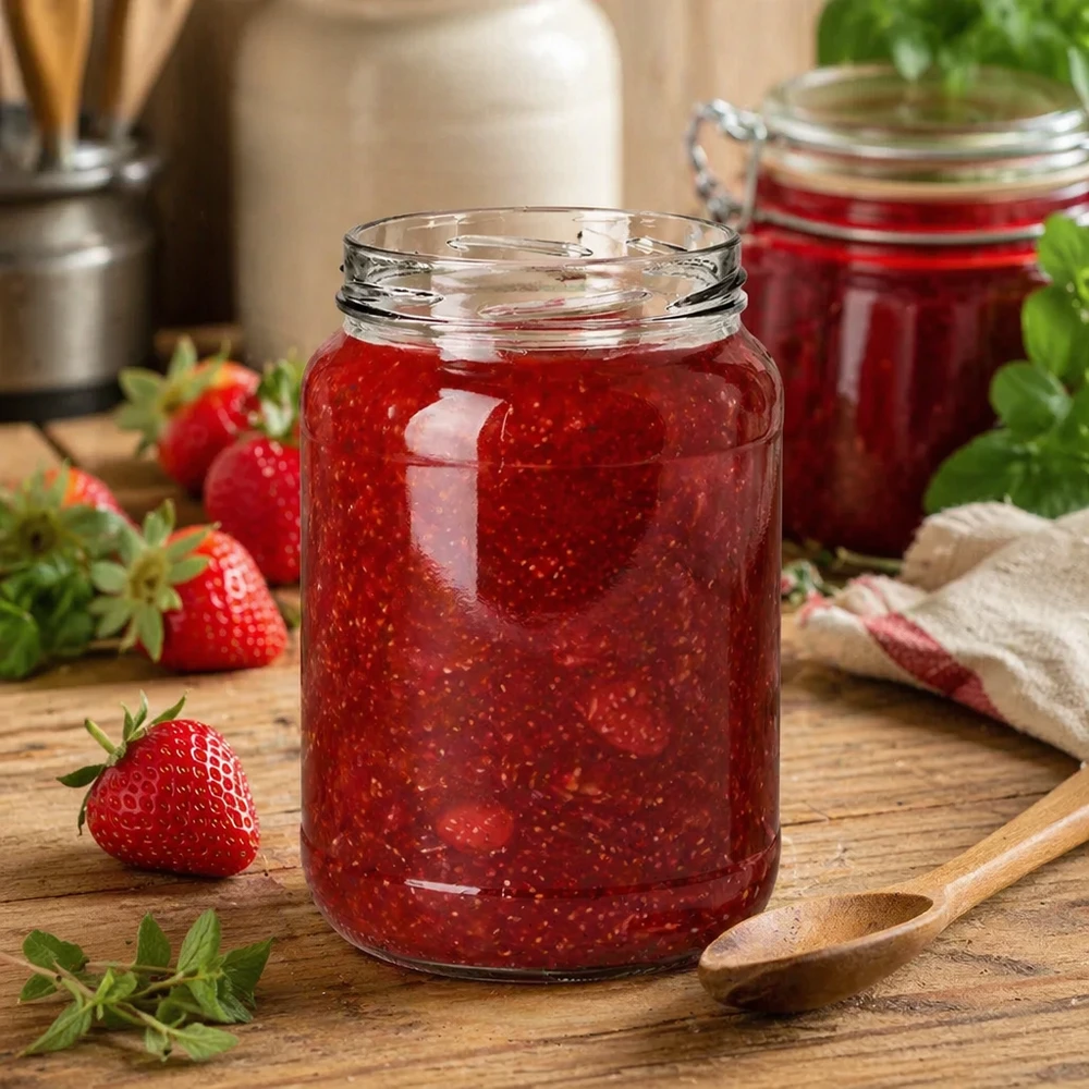 Kulatá nádoba o objemu 1700 ml bez víčka (TO100) UNiTWIST UNiTWIST Runda1700 Sturzglas mit Erdbeermarmelade gefüllt 1700ml TO100 Einkochen Vorratsglas Küche Holztisch