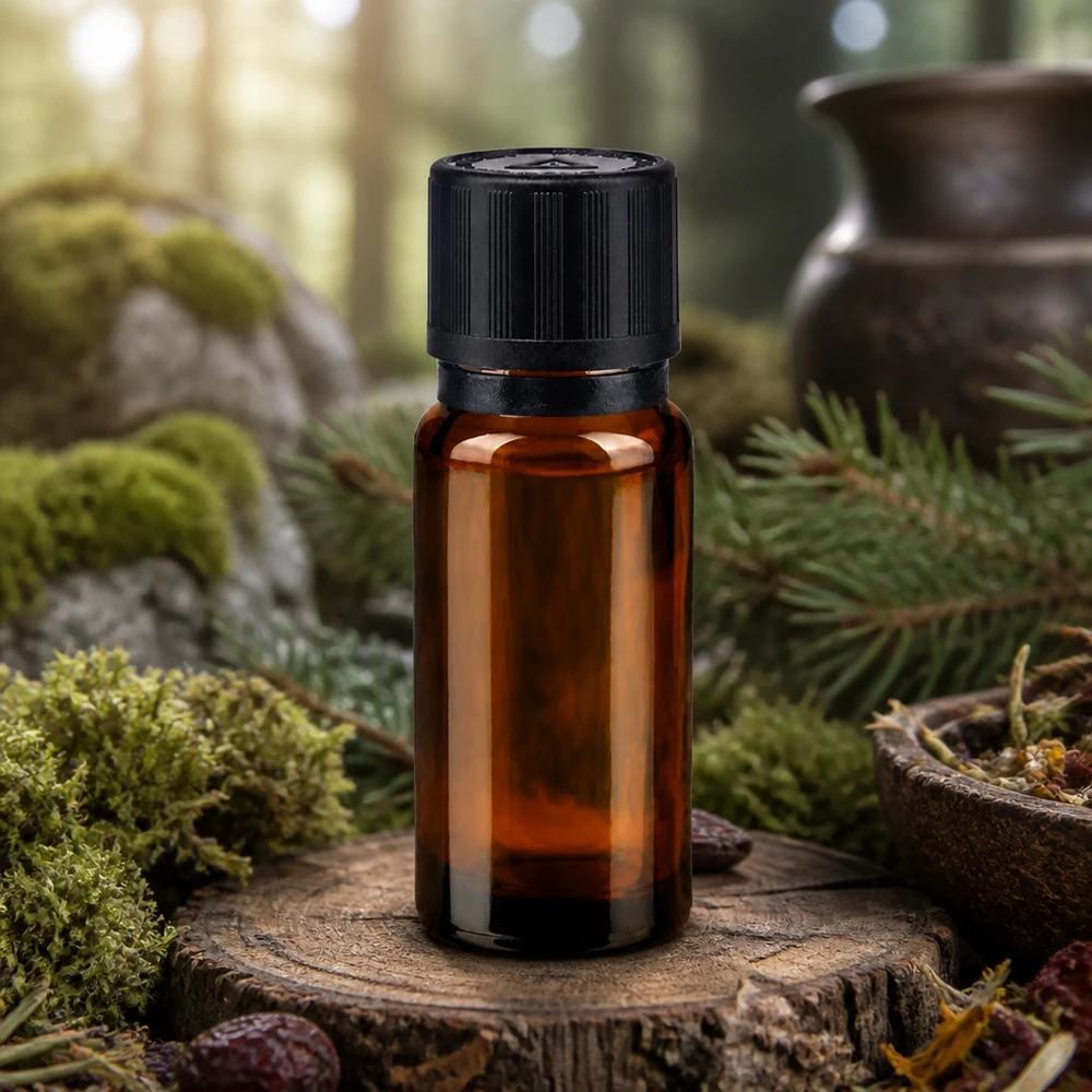 Apothekerglasflasche 10ml mit präziser Tropföffnung umgeben von Waldkräutern und natürlichen Elementen