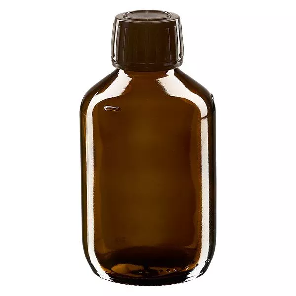200ml lahvička na léky hnědá, hnědý uzávěr s tamper-evidentním kroužkem ApoGlas