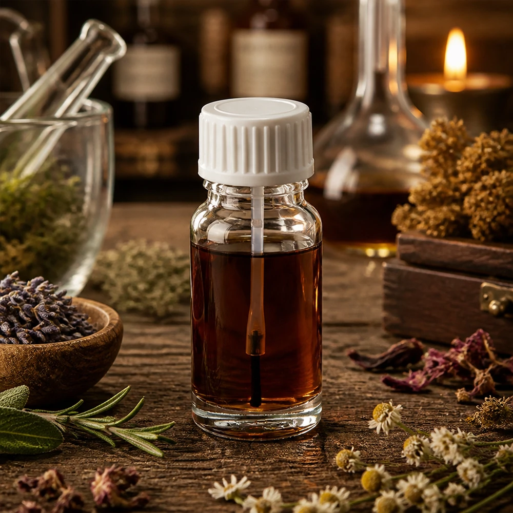 10ml Pinselflasche ClearLine auf Holztisch mit Mörser Glaskolben und medizinischen Kräuterzutaten