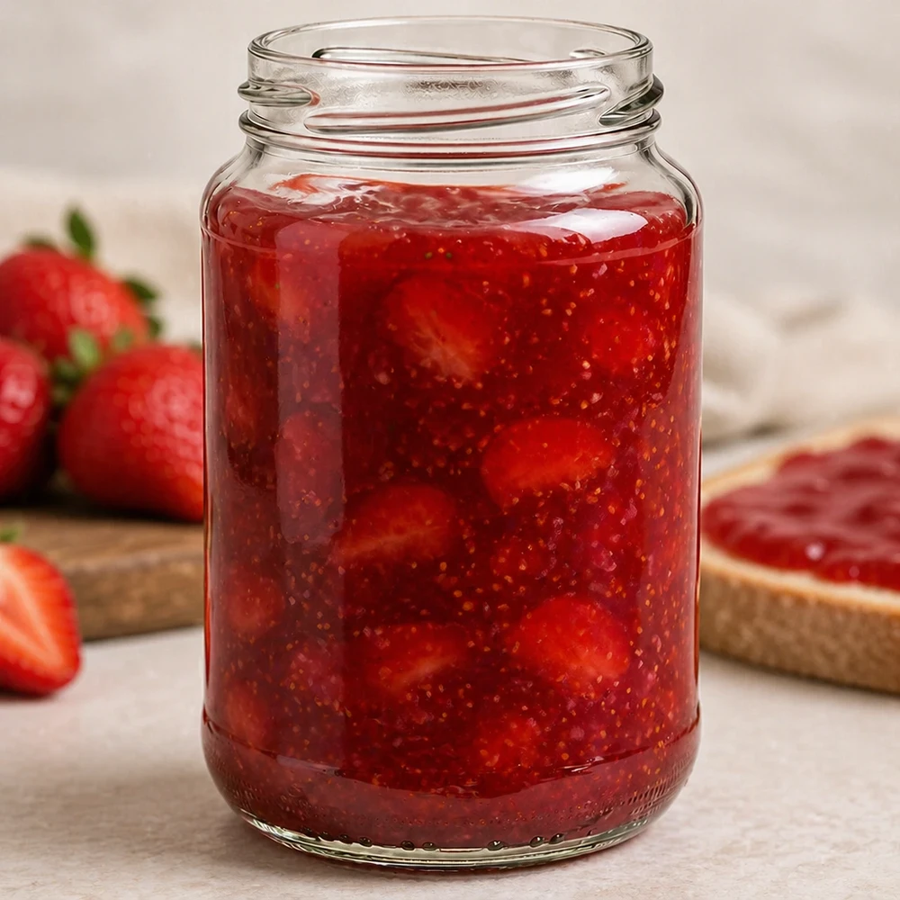 Kulatá sklenice o objemu 375 ml bez víčka (TO63) UNiTWIST UNiTWIST Runda375 Rundglas 375ml TO63 gefüllt mit selbstgemachter Erdbeermarmelade neben frischen Erdbeeren und Brot