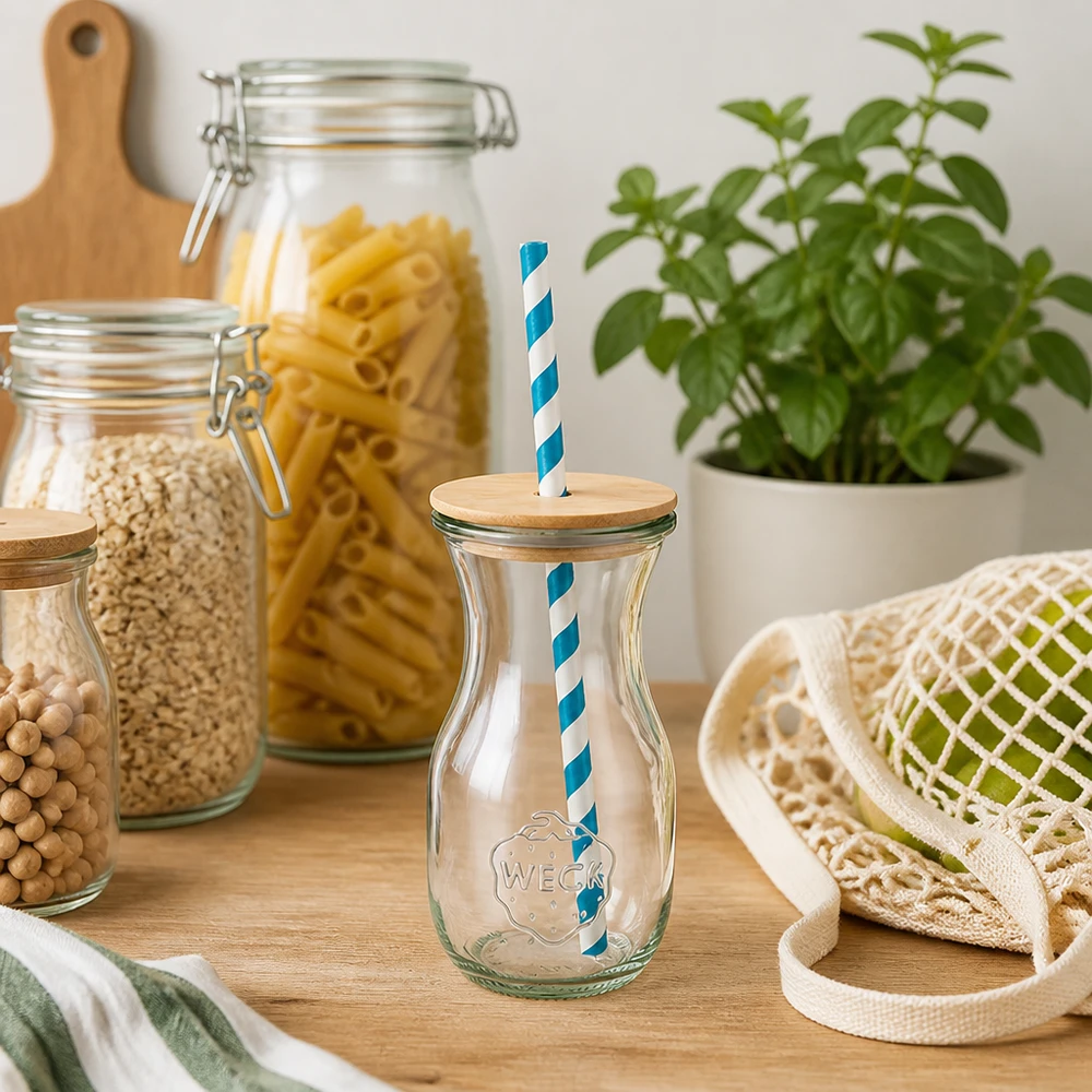 6 x 290ml láhev na šťávu WECK RR60 s dřevěným víčkem a 100 eco S WECK Saftflasche 290ml nachhaltige Küche Zero Waste Glasflaschen Vorratsgläser Pasta Holzdeckel Öko-Strohhalm