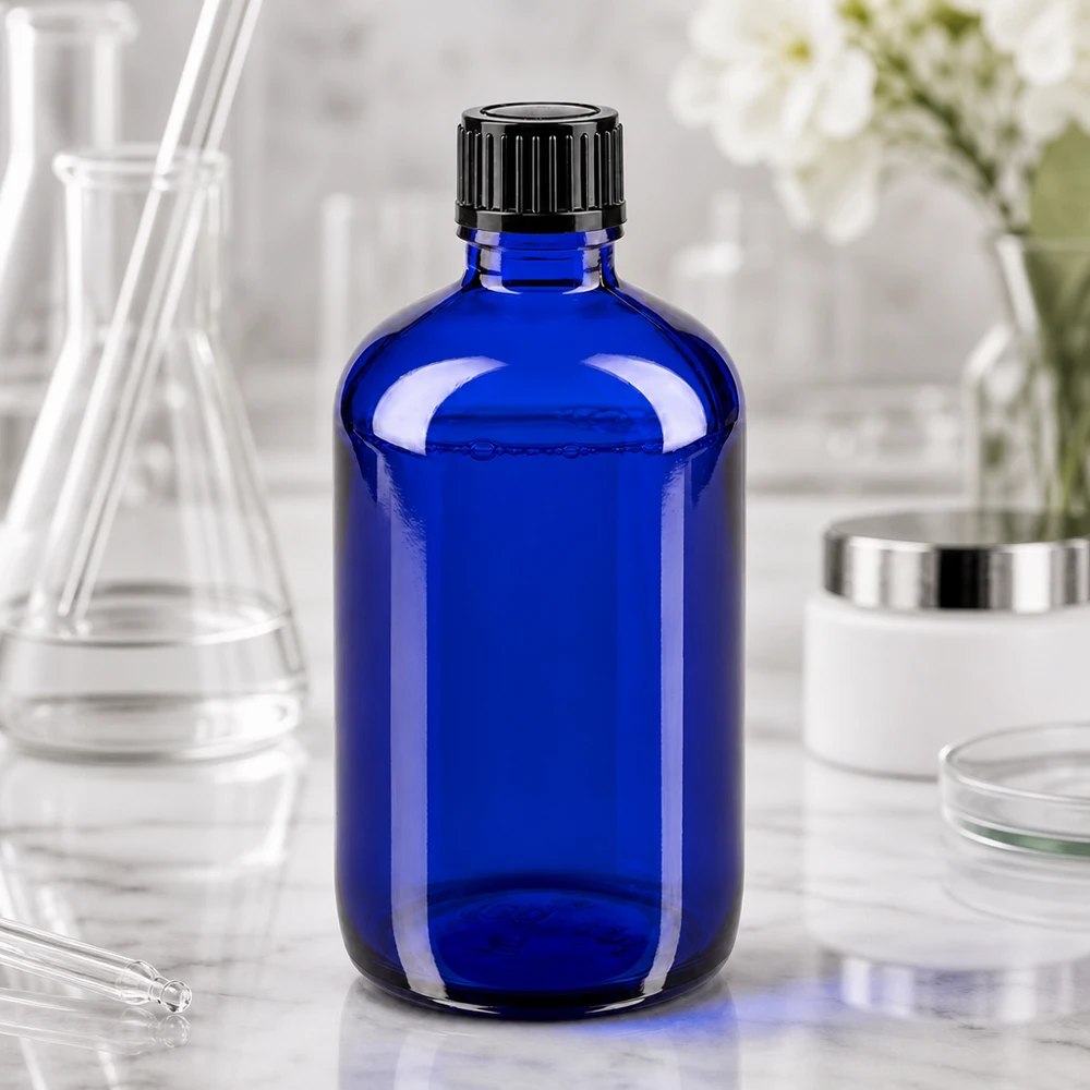 Blaue Medizinflasche 100ml mit schwarzem Verschluss zwischen Laborgeräten und Glaskolben