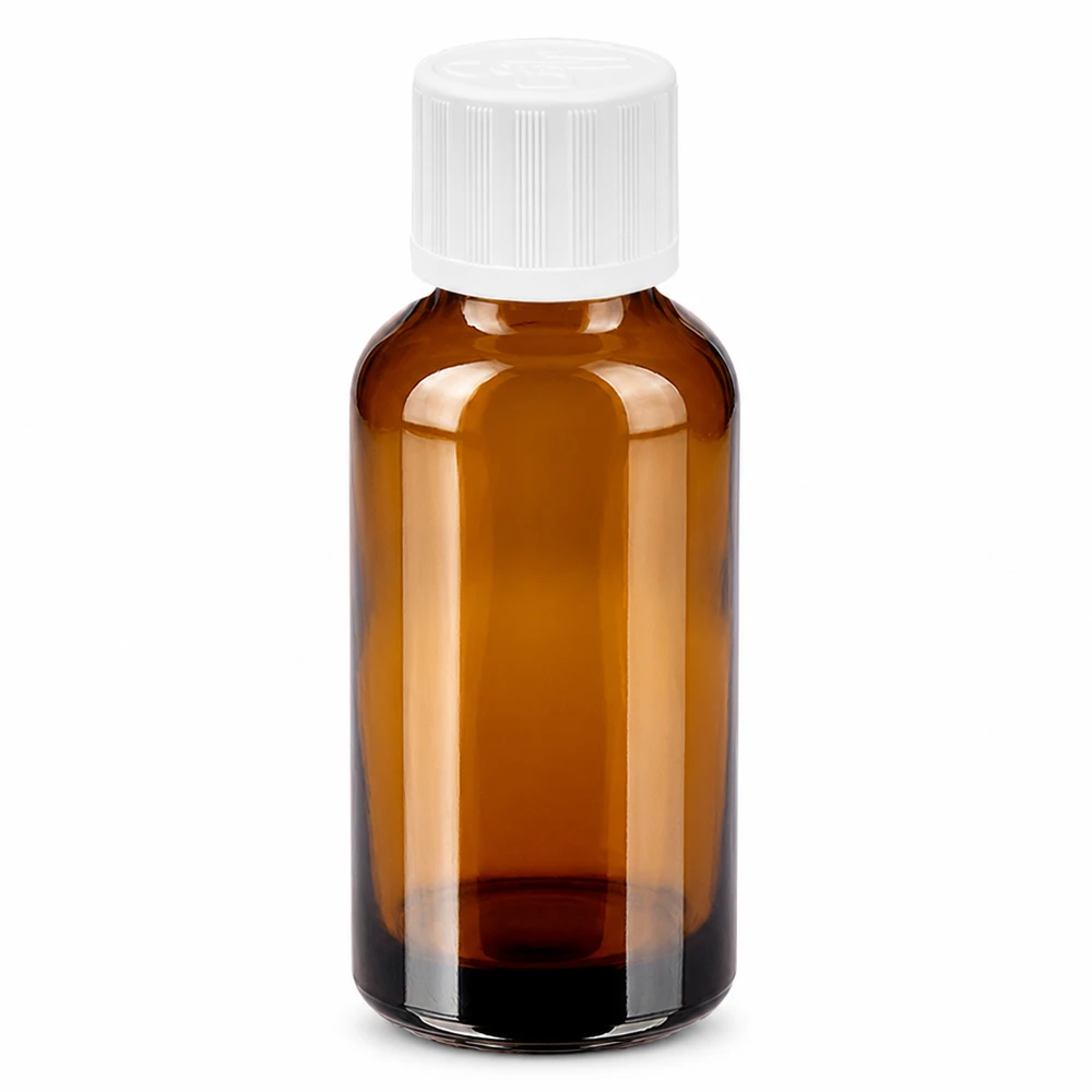 30ml láhev 11mm šroubovací uzávěr bílý standardní odolný proti dětem BrownLine UT18/30 Kompakte braune Laborflasche 30ml mit weißem Schraubdeckel und UV-Schutz
