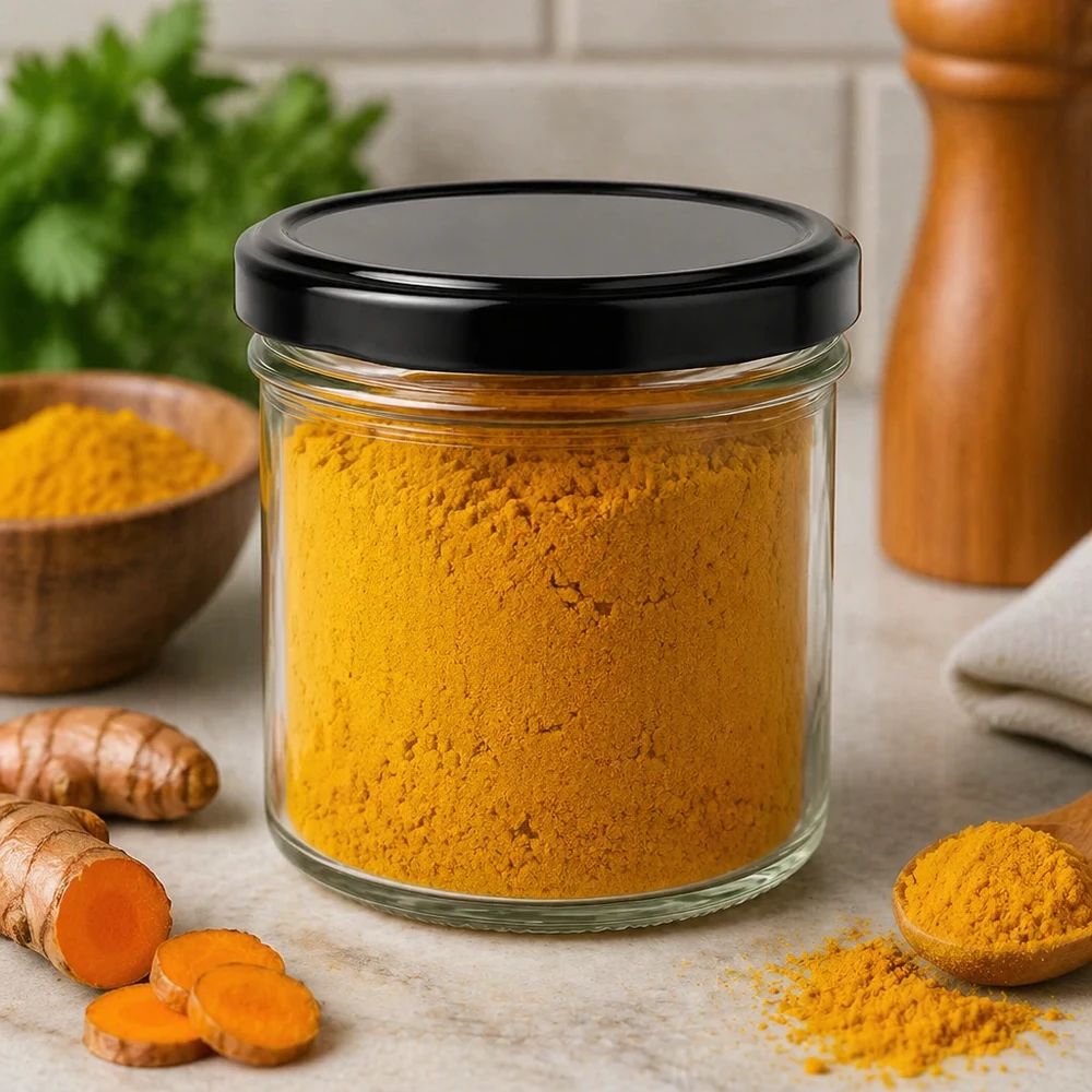 125ml kelímky s víčkem BasicSeal černé UNiTWIST 125ml Sturzglas mit schwarzem BasicSeal Deckel gefüllt mit Kurkumapulver frische Kurkumawurzel Gewürzglas Küche