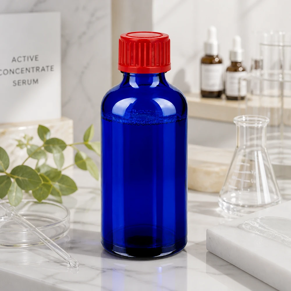 Robuste Glasflasche 50ml UT18/50 mit bruchsicherem Design und rotem Schraubdeckel