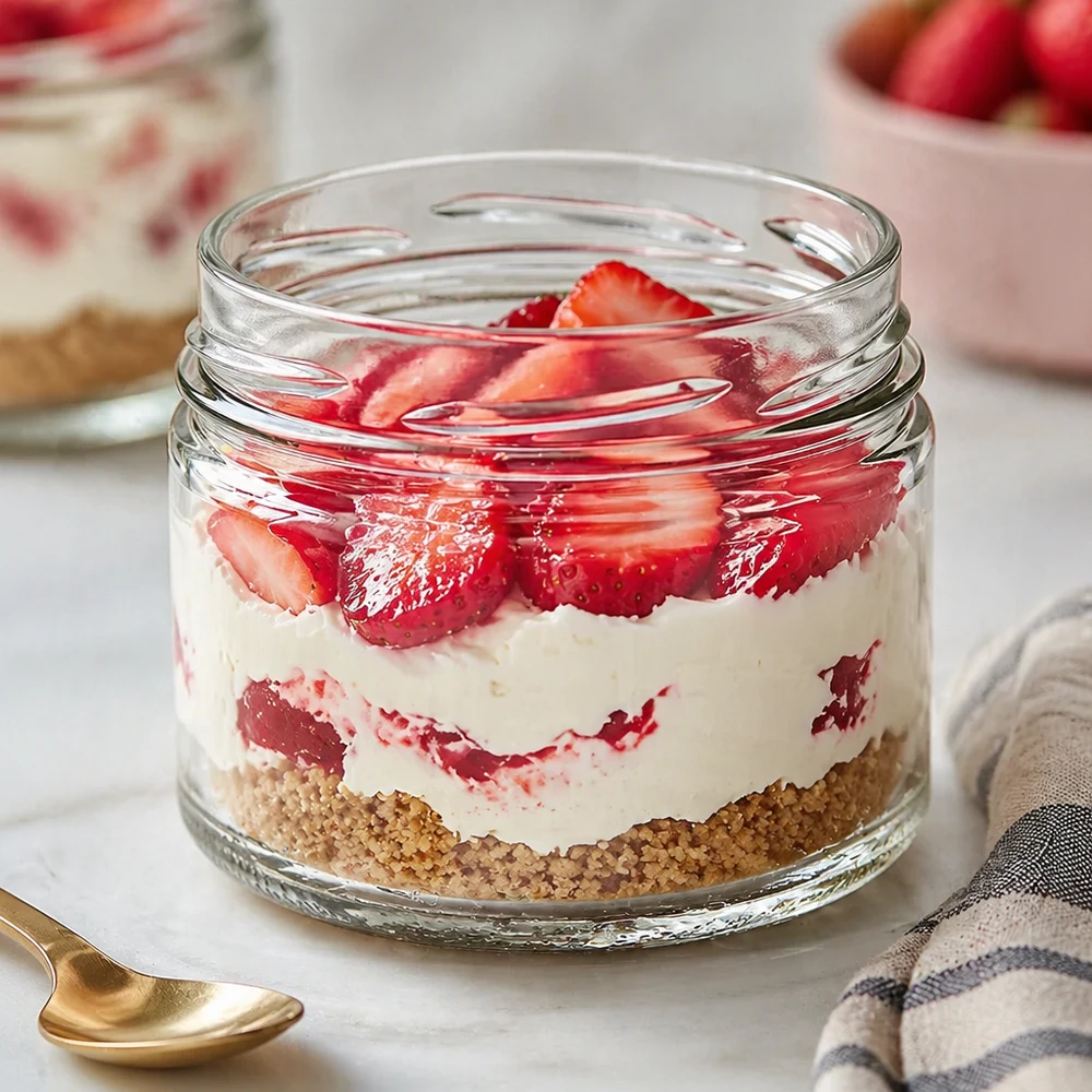 Kulatá sklenice o objemu 540 ml bez víčka (TO100) UNiTWIST UNiTWIST Runda540 Sturzglas 540ml TO100 gefüllt mit Schichtdessert Erdbeeren Mascarpone Keksboden Nachtisch Rezept