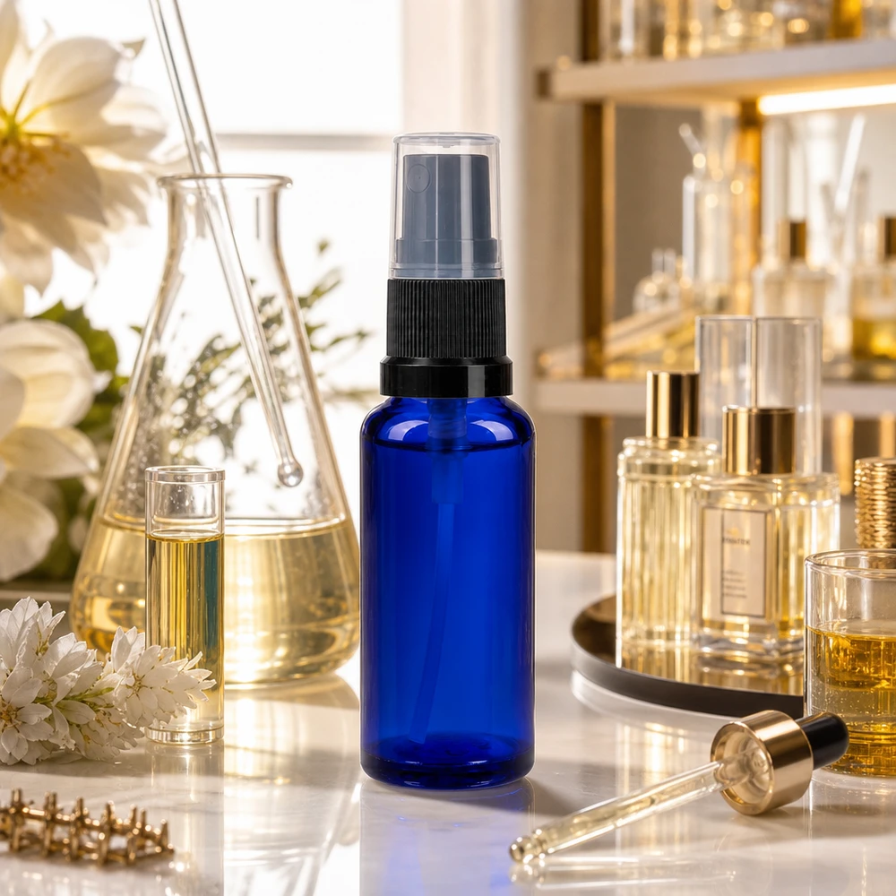 Lékárenská lahvička modrá 30ml s rozprašovacím víčkem černá 30ml blaues Apothekerglas Sprühfläschchen mit schwarzem Pumpkopf in eleganter Parfümerie-Umgebung
