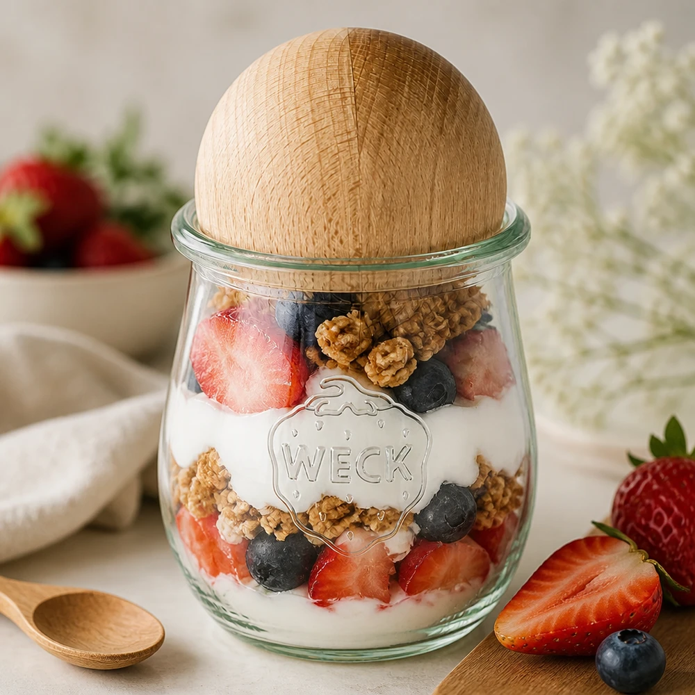 220ml tulipánová sklenice WECK RR60 s dřevěnou kuličkou buk WECK Tulpenglas RR60 220ml als Joghurt-Parfait mit Beeren und Nüssen, Buchenholzkugel-Verschluss für Desserts
