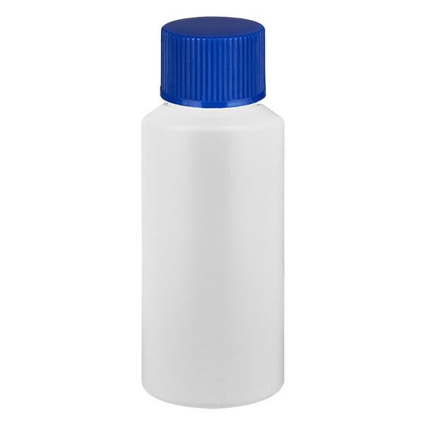 Lékárenská láhev HDPE 30ml bílá, s modrým šroubovacím uzávěrem Lékárenská láhev HDPE 30ml bílá, s modrým šroubovacím uzávěrem