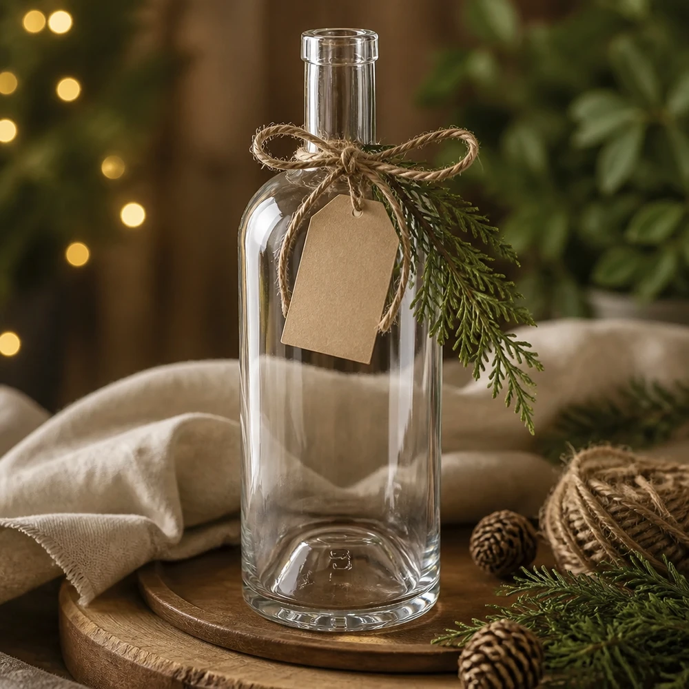 750ml Glasflasche "Attila" ohne Verschluss UNiTWIST® 750ml Glasflasche Emma weihnachtlich dekoriert mit Kraftpapier-Anhänger Jute-Schleife und Tannenzweig auf Holzbrett