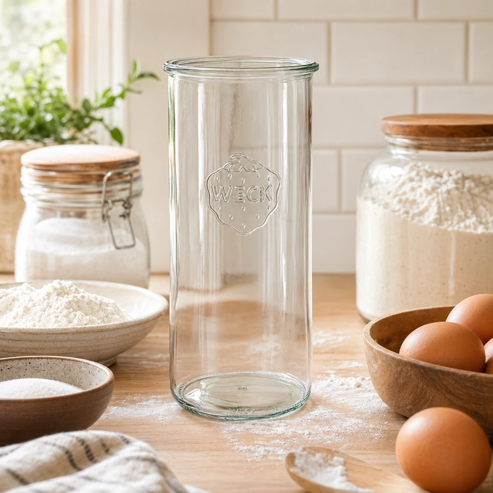 1500ml zavařovací sklenice WECK RR100 s dřevěným dřevem - 1500ml zavařovací sklenice s dřevěným dřevem 1500ml WECK Sturzglas RR100 Vorratsglas aus Glas in rustikaler Küche mit Eiern und Mehl auf Holzarbeitsplatte