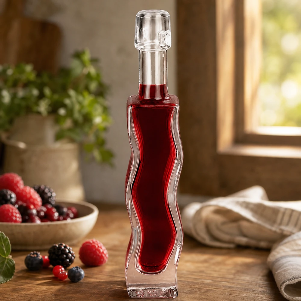 40ml Glasflasche "Anna" ohne Bügelverschluss UNiTWIST 40ml Glasflasche Anna mit rotem Beerensaft befüllt Beerenfrucht-Deko Küchenszenerie Anwendungsbeispiel Likör