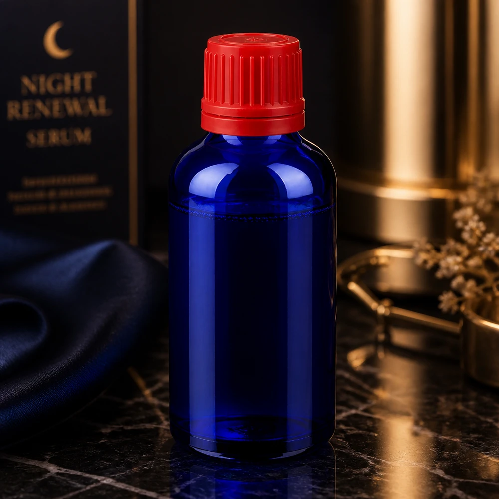 Kosmetik Glasflasche 50ml blau rot für Seren SV 11mm OV BlueLine UT18/50