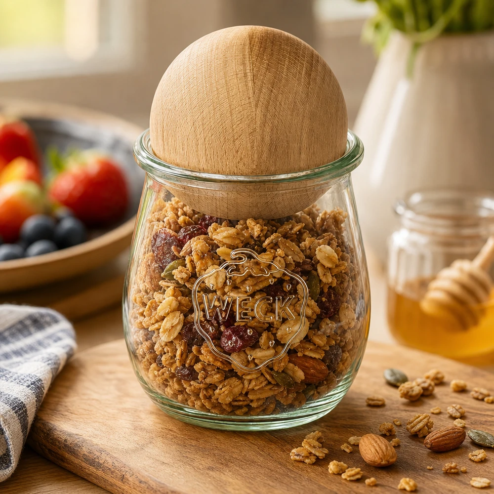 220ml tulipánová sklenice WECK RR60 s dřevěnou kuličkou buk WECK Tulpenglas 220ml mit Buchenkugel gefüllt mit Nüssen und Trockenfrüchten, Vorratsglas Küchenszenerie