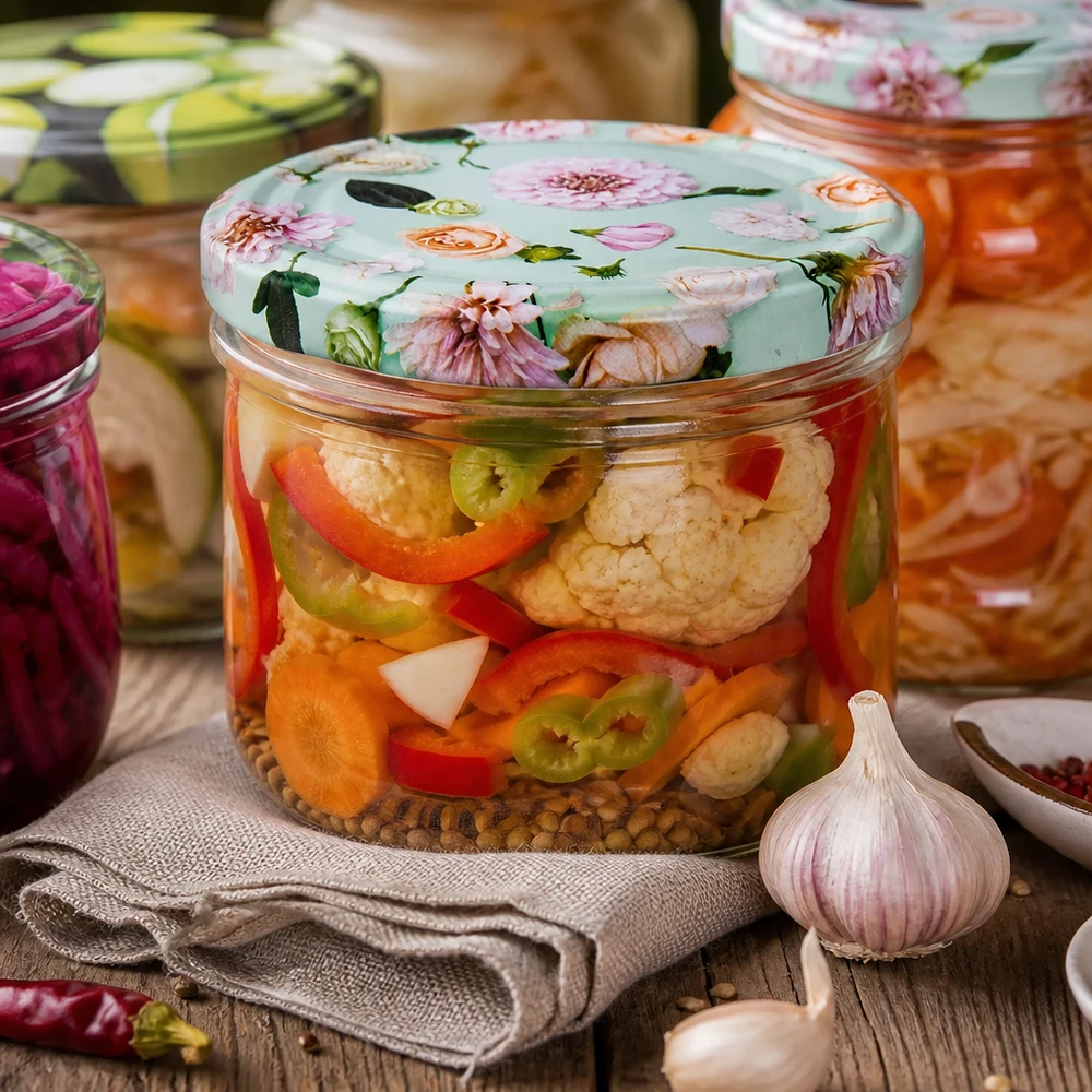 230ml válcová sklenice + víčko BasicSeal flower mint 230ml Zylinderglas mit BasicSeal Deckel Blume mint für eingelegtes Gemüse - Fermentationsglas mit Knoblauch