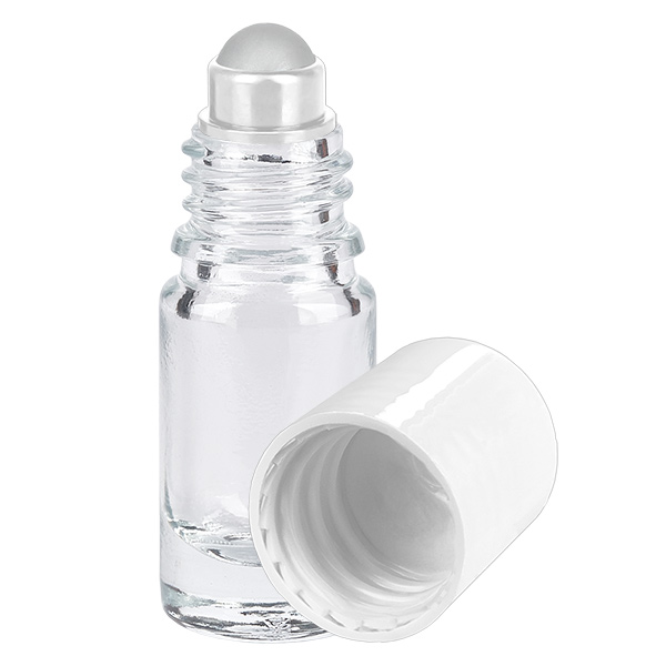 Lékárenská lahvička čirá 5ml roll-on s uzávěrem bílá Lékárenská lahvička čirá 5ml roll-on s uzávěrem bílá