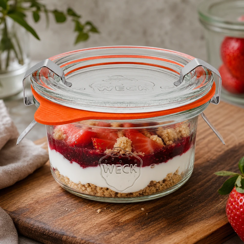 WECK 50ml Sturzglas RR60 mit Schichtdessert aus Erdbeeren und Sahne als Anwendungsbeispiel für süße Nachspeisen