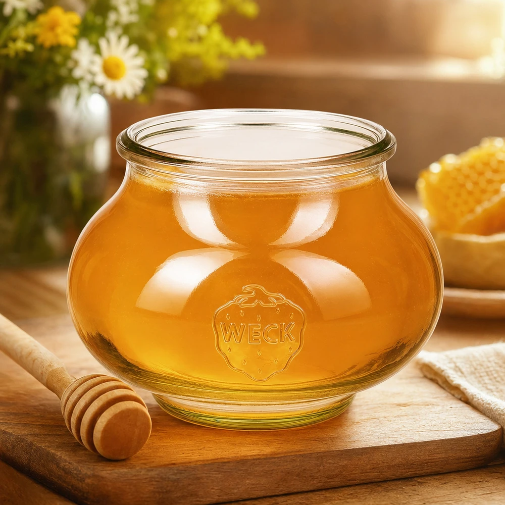 560ml dóza na šperky WECK RR80 s dřevěným dřevem WECK Schmuckglas 560ml RR80 mit goldglänzendem Honig gefüllt, Honiglöffel und Wabe auf Holzbrett