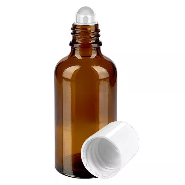 Lékárenská lahvička hnědá 50ml roll-on uzávěr bílý Lékárenská lahvička hnědá 50ml roll-on uzávěr bílý