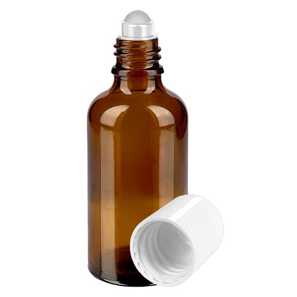 Lékárenská lahvička hnědá 50ml roll-on uzávěr bílý Lékárenská lahvička hnědá 50ml roll-on uzávěr bílý