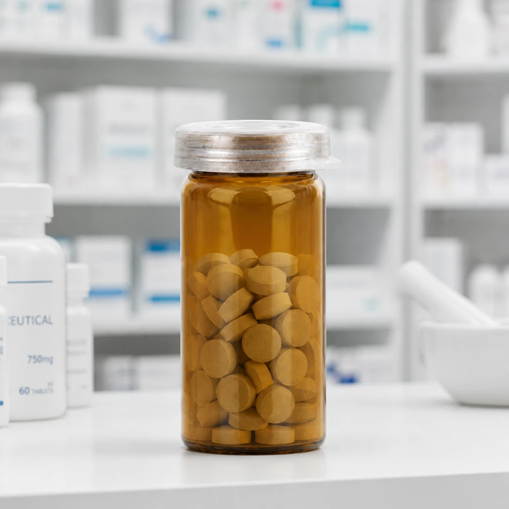 Stolní/rolovací nádobka s okrajem 5 ml čirá s nacvakávacím víčkem Durchsichtiges Braunglas 5ml gefüllt mit zylindrischen Tabletten neben Mörser und Pharmaflaschen