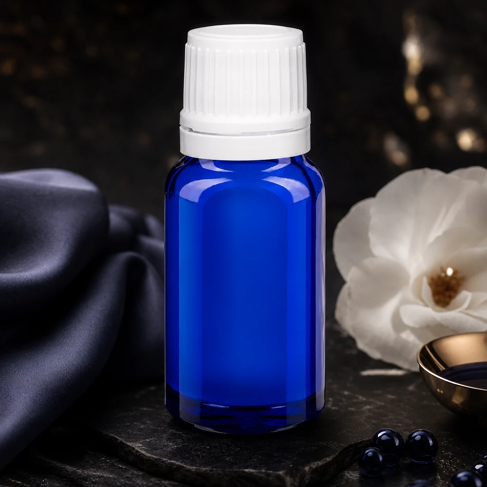 Lékárenská láhev modrá 10ml šroubovací uzávěr bílý uzávěr proti neoprávněné manipulaci. Professionelle Abfüllflasche 10ml blau Glas weißer Verschluss für Kosmetikherstellung