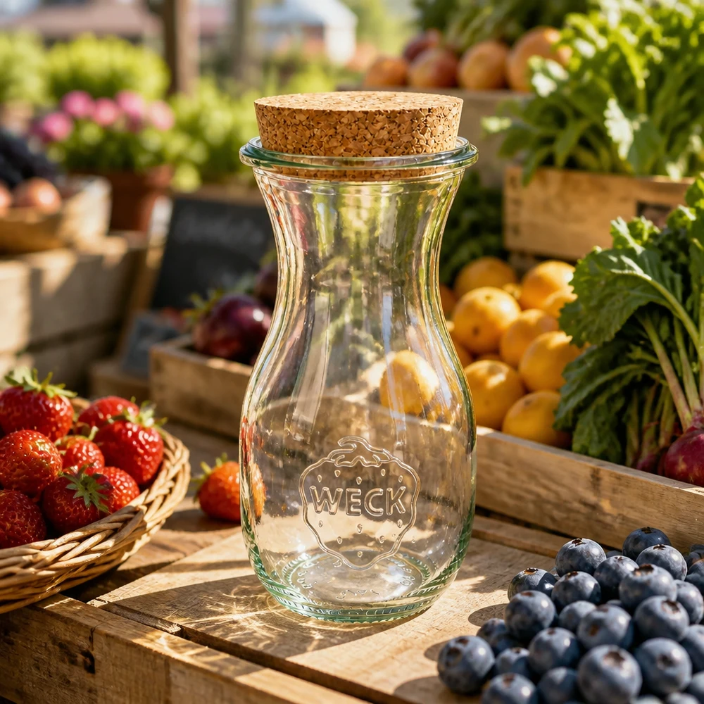 290ml láhev na džus WECK RR60 s korkem přírodní WECK Saftflasche 290ml RR60 mit Naturkorken auf Holztisch zwischen frischen Heidelbeeren und Erdbeeren Marktstand