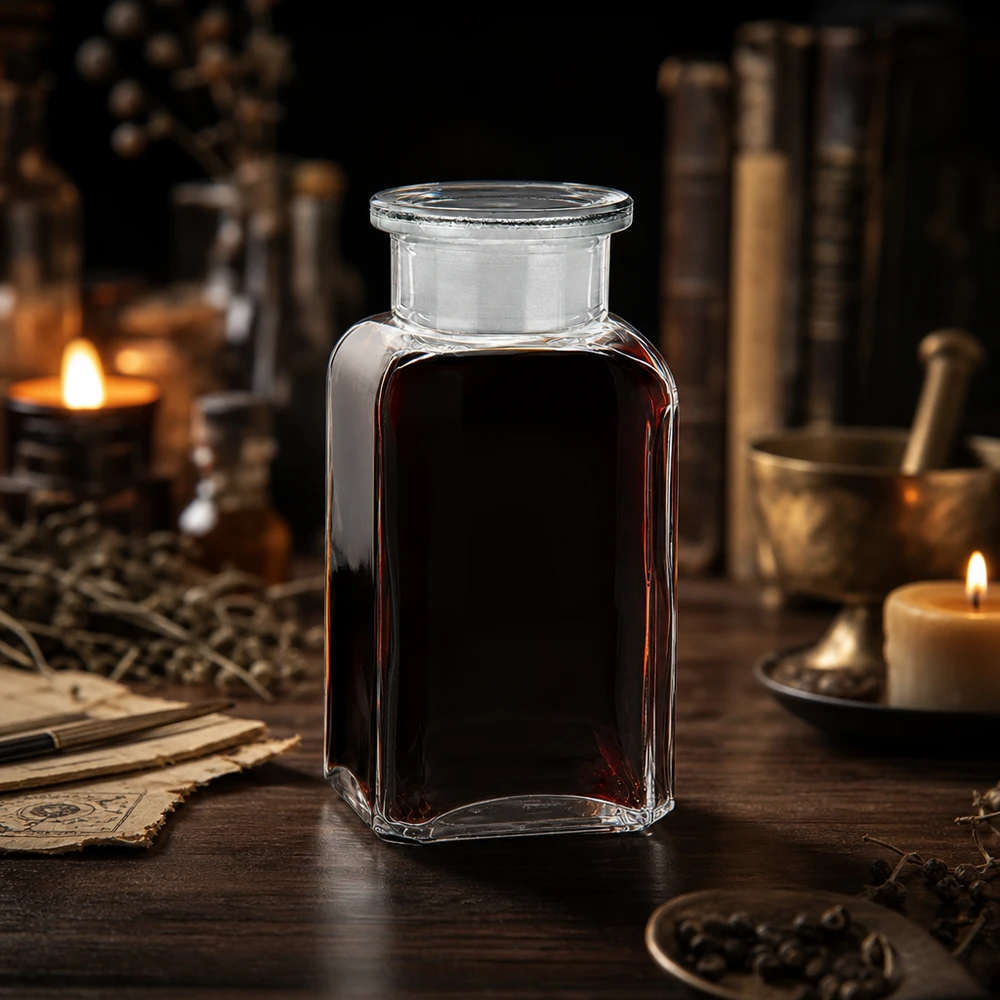 Čtvercová láhev 100ml čirá skleněná zátka se širokým hrdlem Rechteckige Laborflasche 100ml transparent mit Glasstopfen für Tinkturen und Destillate