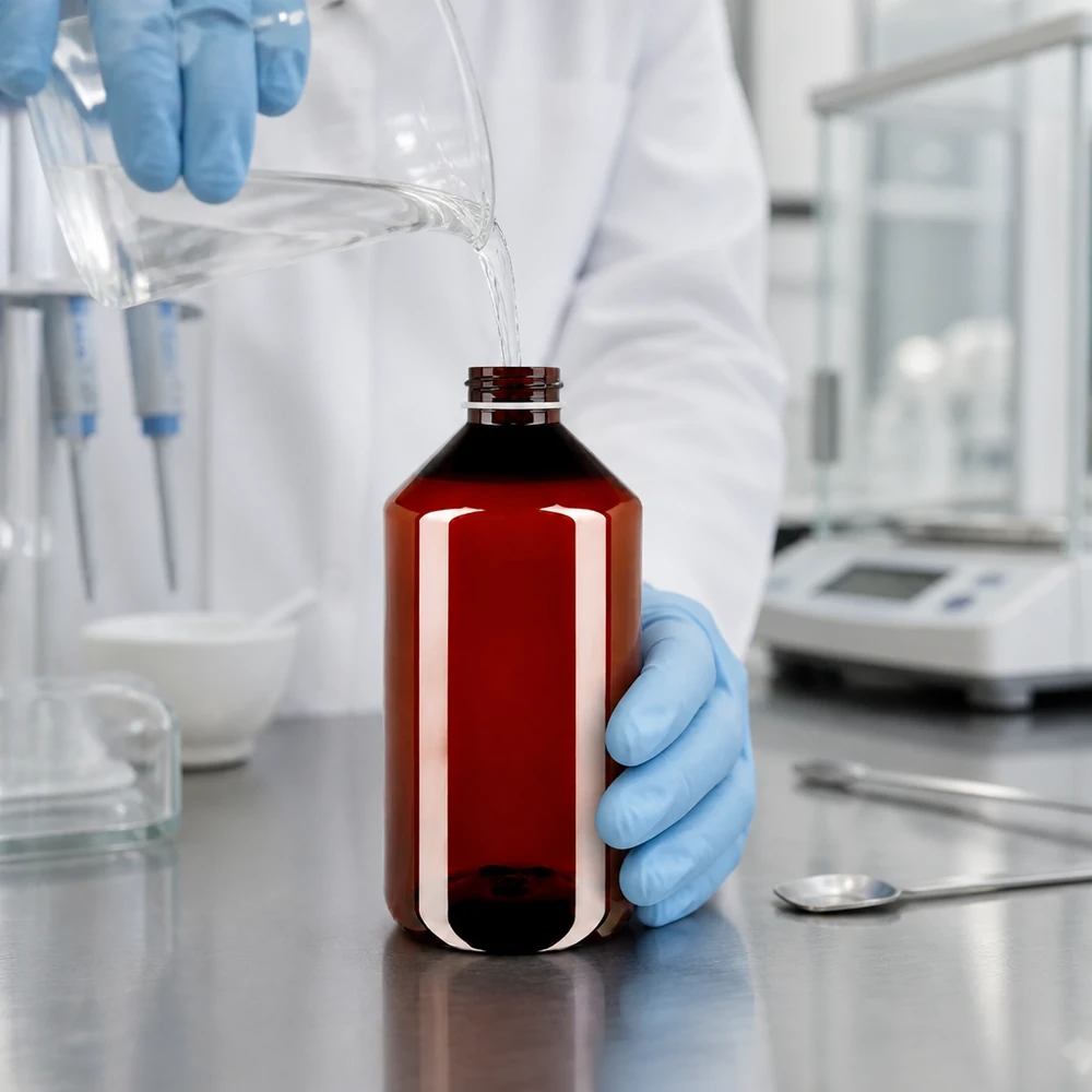 PET láhev 750ml s bílým rýhovaným uzávěrem s možností opakovaného uzavření Laborant plní jantarově zbarvenou kulatou PET láhev o objemu 750 ml s bílým rýhovaným šroubovacím uzávěrem